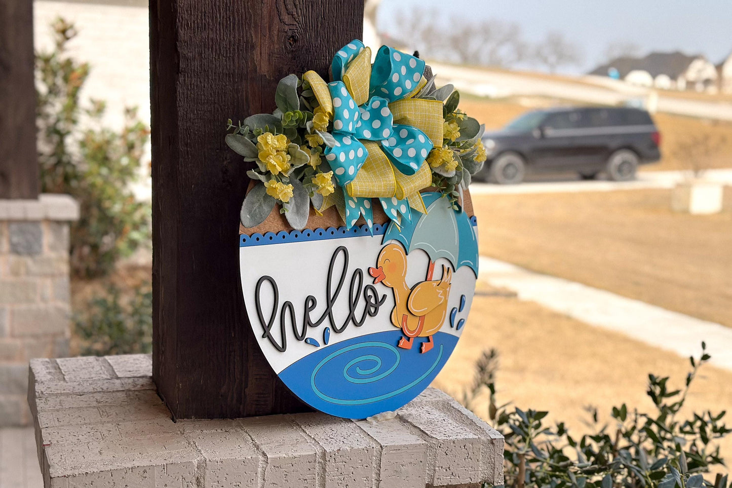 Hello Duck Rainy Day Door Hanger SVG, 3D Layered Laser Cut File, Spring Porch Sign, Cute Duckling Umbrella Sign, Glowforge xTool Cut File