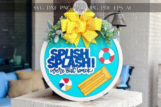 Splish Splash SVG Laser File | Out Back Pool Door Hanger Sign SVG | Summer Laser Cut Round Sign SVG | Backyard Laser Design File