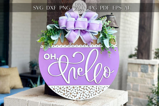 Oh Hello SVG Laser Cut File | Elegant Door Hanger SVG | Script Welcome Sign for Laser | Round Porch Sign SVG File Hello Door Hanger