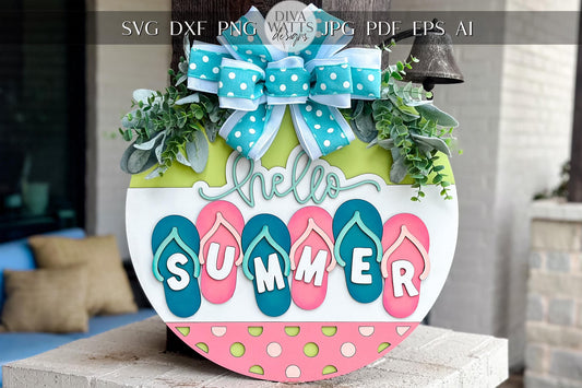 Hello Summer Flip Flop SVG Laser File | Summer Door Hanger SVG | Round Porch Sign for Laser Cutting | Layered Summer SVG File