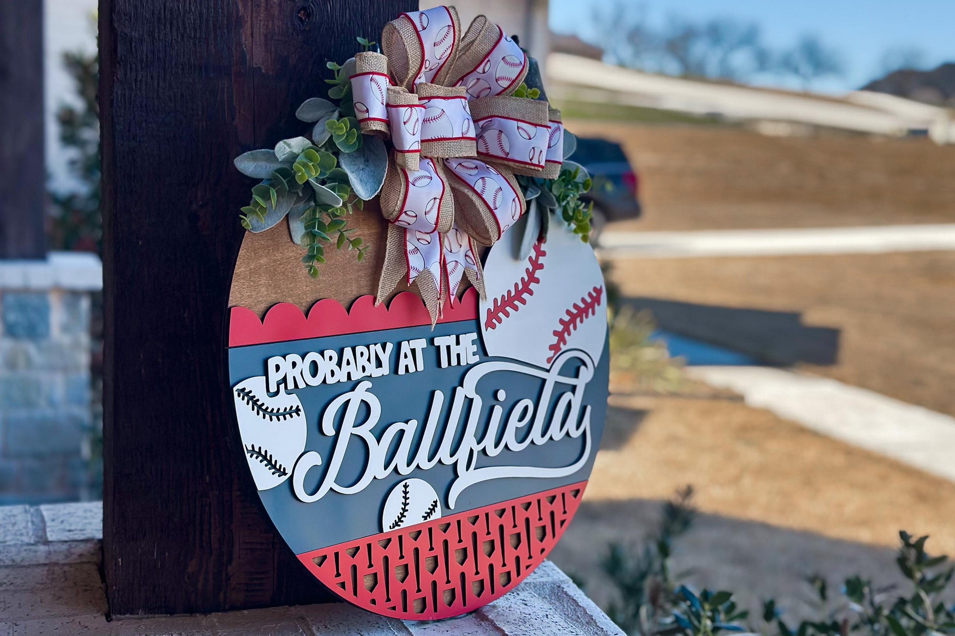 Baseball Door Hanger SVG, Probably at the Ballfield Sign, 3D Layered Sports Laser Cut File, Baseball Mom Laser Sign, Glowforge Xtool File