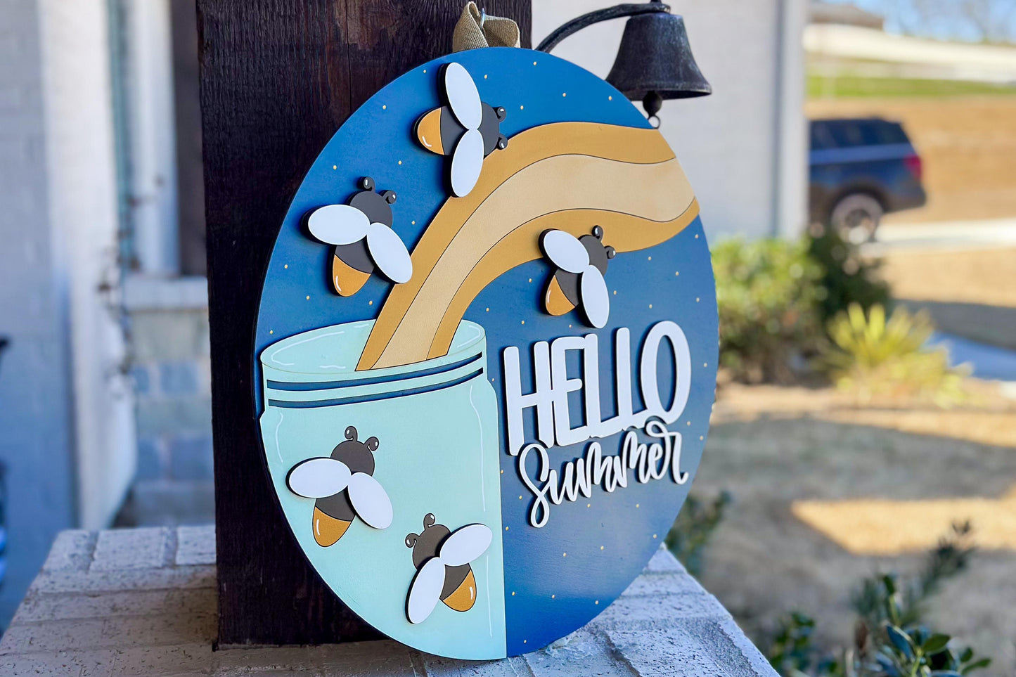 Hello Summer SVG, Firefly Door Hanger Laser Cut File, Summer Porch Sign SVG, Layered 3D Glowforge File, xTool Laser, Mason Jar Firefly Sign