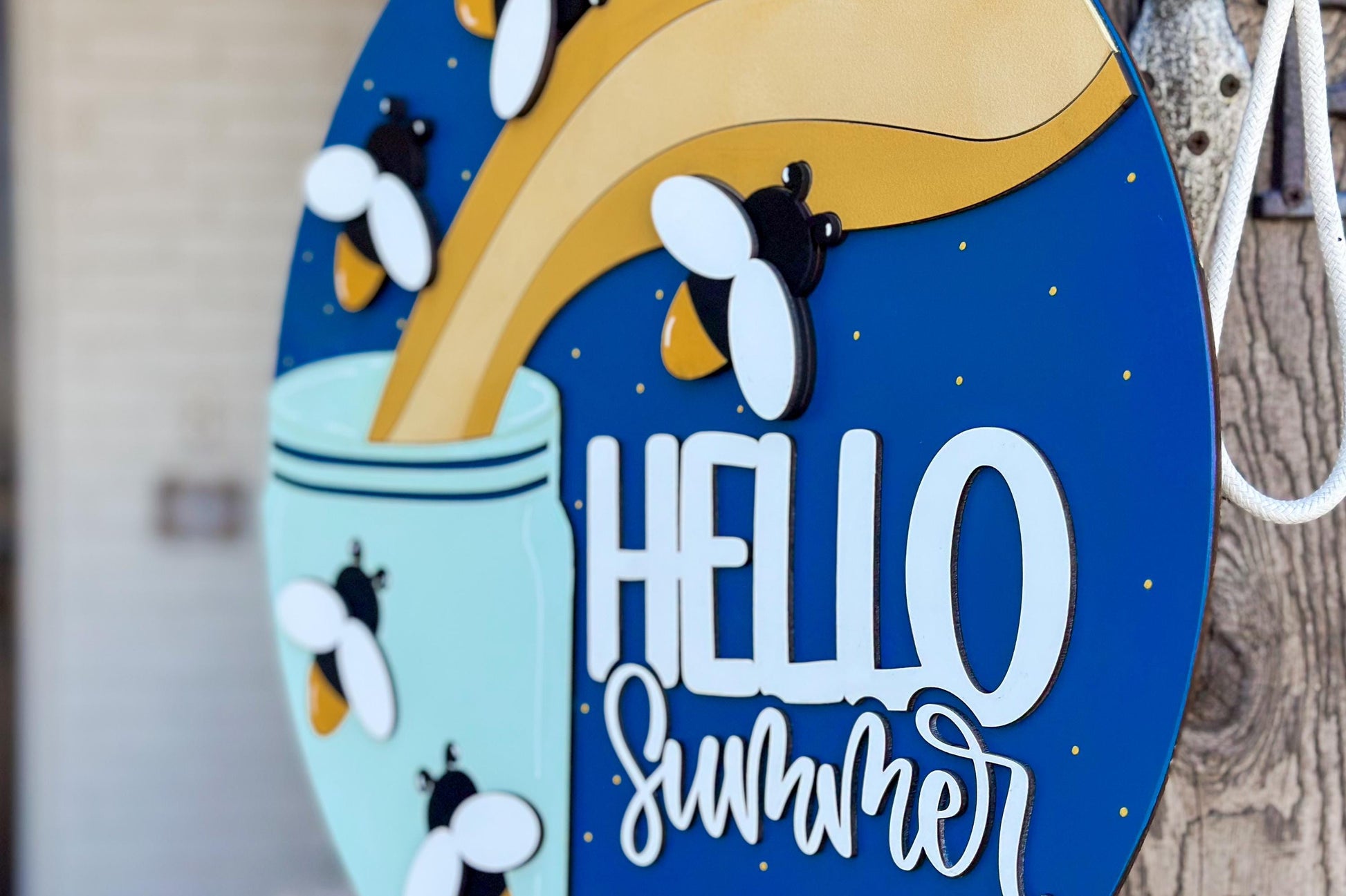 Hello Summer SVG, Firefly Door Hanger Laser Cut File, Summer Porch Sign SVG, Layered 3D Glowforge File, xTool Laser, Mason Jar Firefly Sign