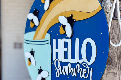 Hello Summer SVG, Firefly Door Hanger Laser Cut File, Summer Porch Sign SVG, Layered 3D Glowforge File, xTool Laser, Mason Jar Firefly Sign