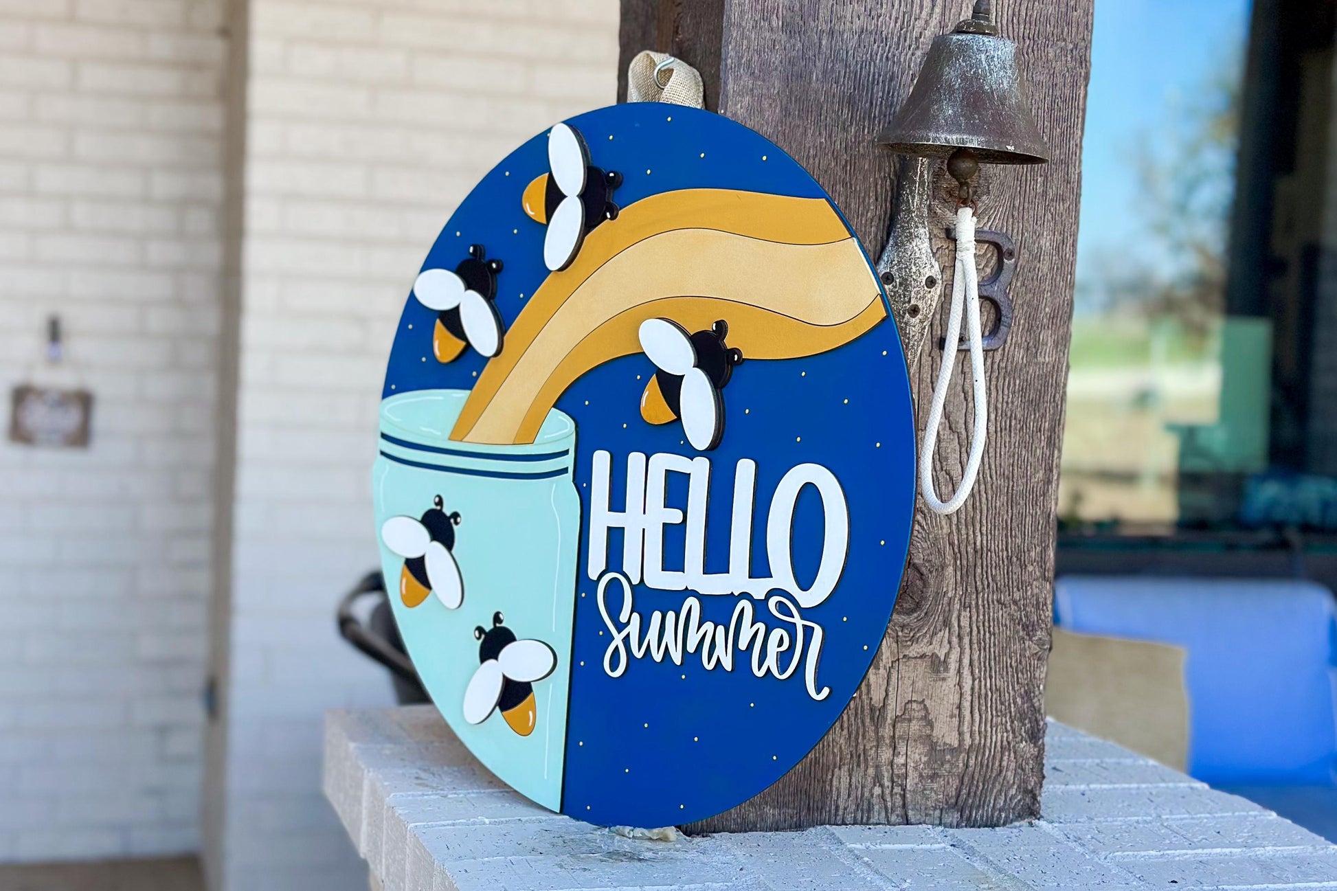 Hello Summer SVG, Firefly Door Hanger Laser Cut File, Summer Porch Sign SVG, Layered 3D Glowforge File, xTool Laser, Mason Jar Firefly Sign
