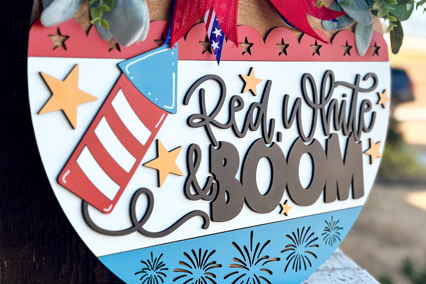 Red White and Boom SVG, Patriotic Door Hanger Laser Cut File, 4th of July SVG, Layered 3D Laser Sign Fireworks Porch Decor, Glowforge, xTool