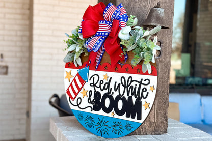 Red White and Boom SVG, Patriotic Door Hanger Laser Cut File, 4th of July SVG, Layered 3D Laser Sign Fireworks Porch Decor, Glowforge, xTool