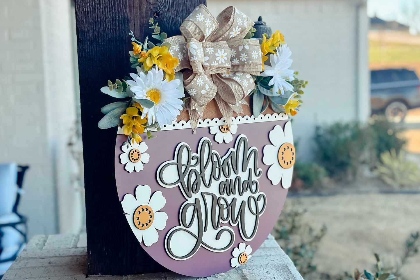 Bloom and Grow SVG, Floral Door Hanger Laser Cut File, Layered 3D Porch Sign, Spring Summer Decor, Glowforge xTool Laser File Daisy Sign SVG