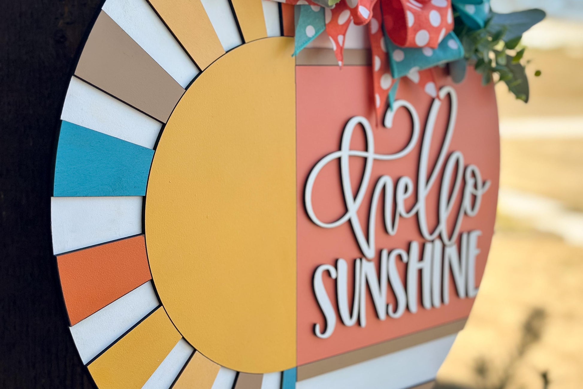 Hello Sunshine Door Hanger SVG, Round Summer Sign Laser Cut File, Sunburst Layered Sign, Farmhouse Porch Decor, Glowforge xTool Cut File