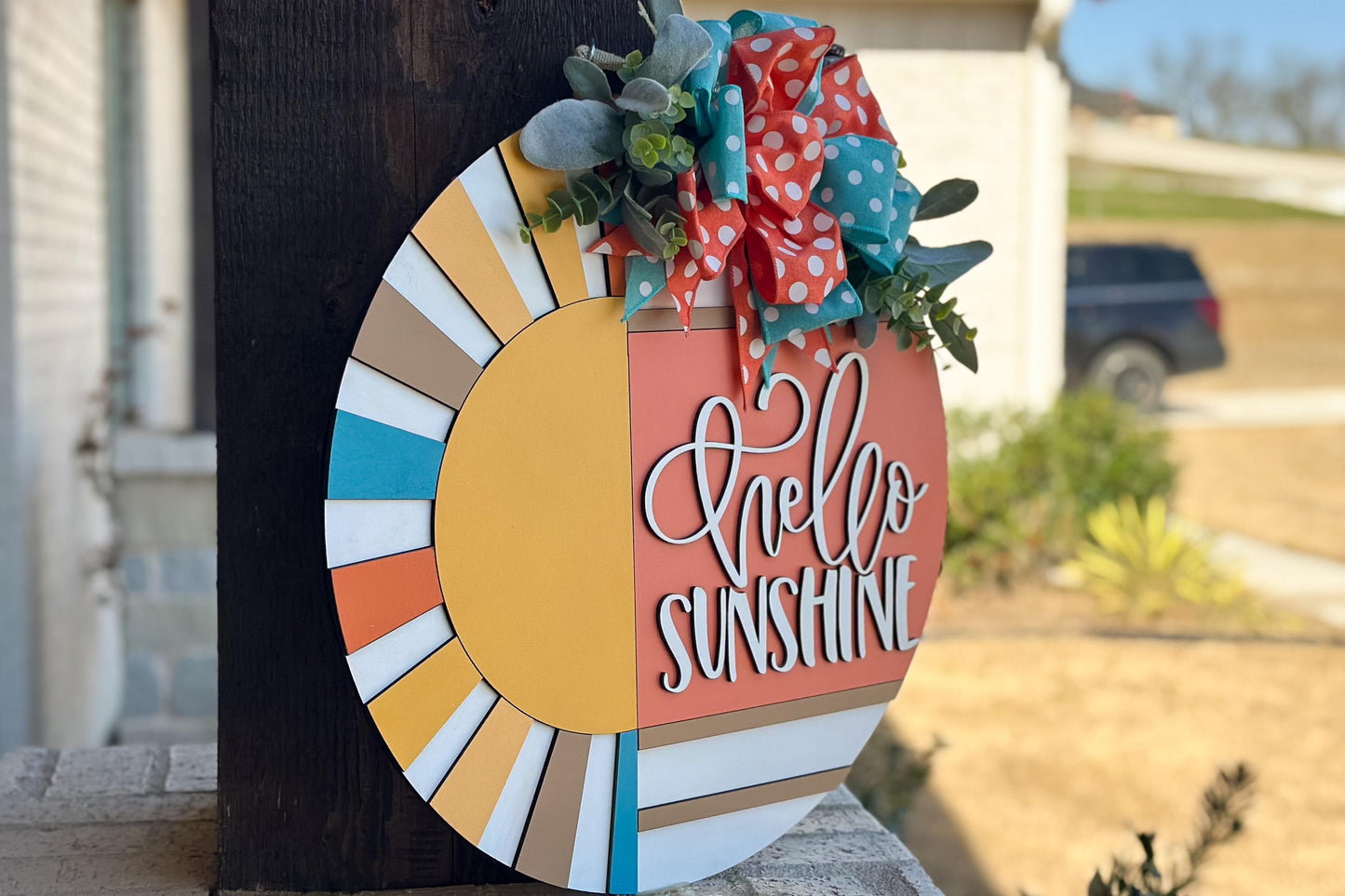 Hello Sunshine Door Hanger SVG, Round Summer Sign Laser Cut File, Sunburst Layered Sign, Farmhouse Porch Decor, Glowforge xTool Cut File
