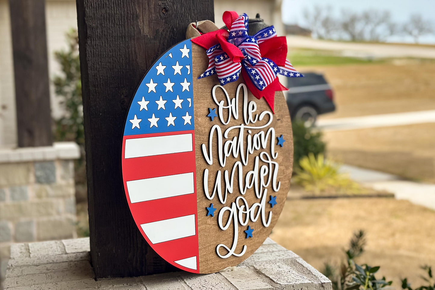One Nation Under God SVG, Patriotic Door Hanger Laser Cut File, USA Round Sign, 4th of July Laser SVG, Farmhouse Porch Decor Glowforge xTool