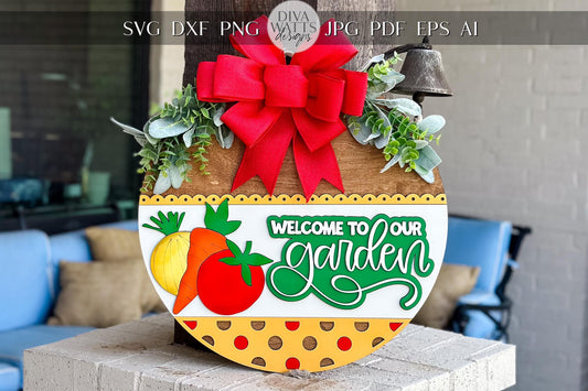 Welcome to Our Garden SVG Laser File | Vegetable Round Door Hanger SVG for Summer Porch Decor | Tomato Carrot Onion Sign for Laser Cutting