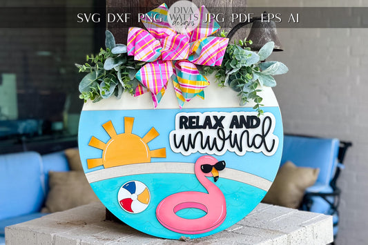Relax and Unwind Flamingo SVG Laser File | Summer Pool Round Door Hanger SVG for Laser Cutting | Beach Ball Sun Layered Laser Cut Sign