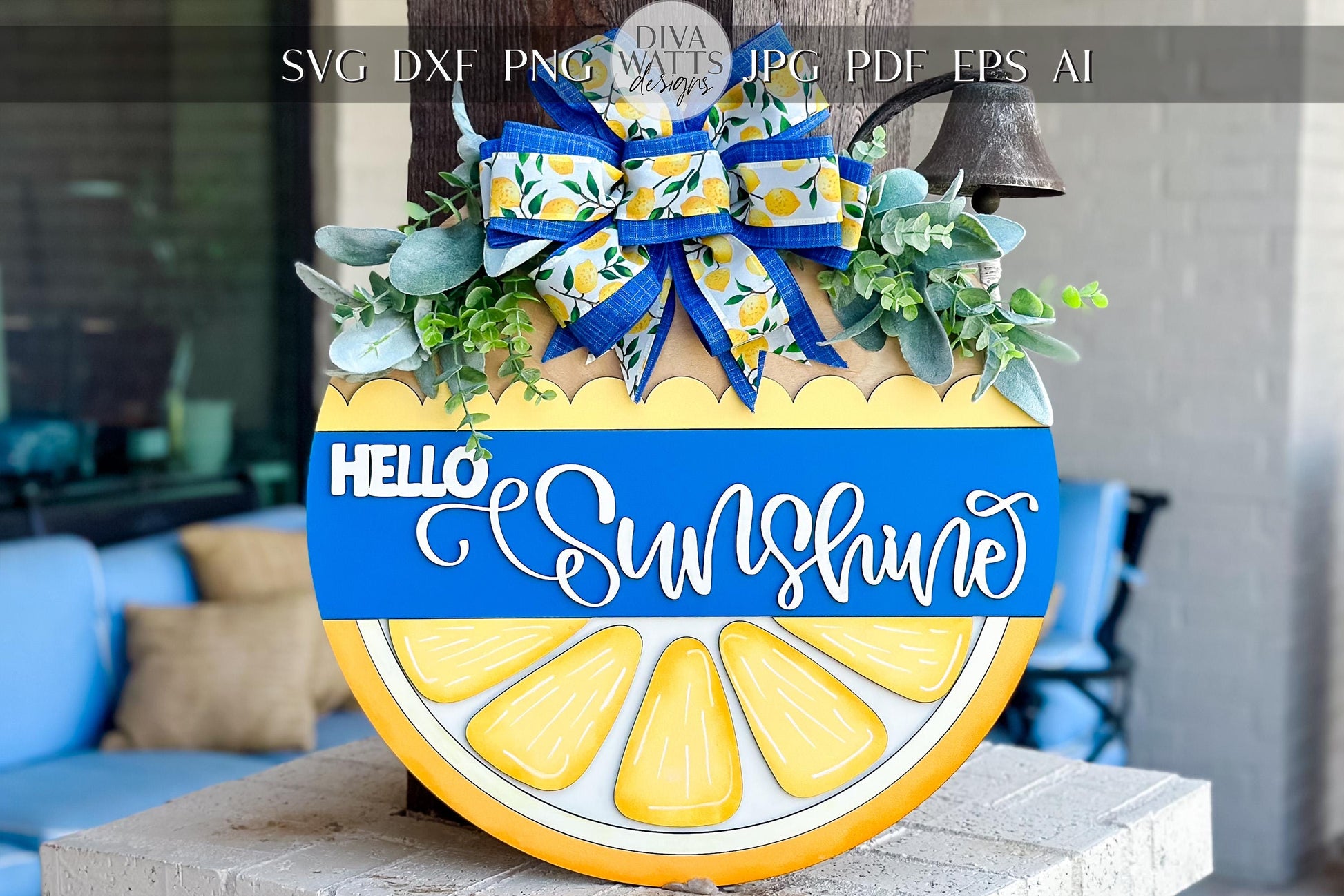 Hello Sunshine SVG Laser File | Lemon Slice Round Door Hanger SVG for Summer Decor | Bright Citrus Layered Laser Cut Sign Lemon Door Decor