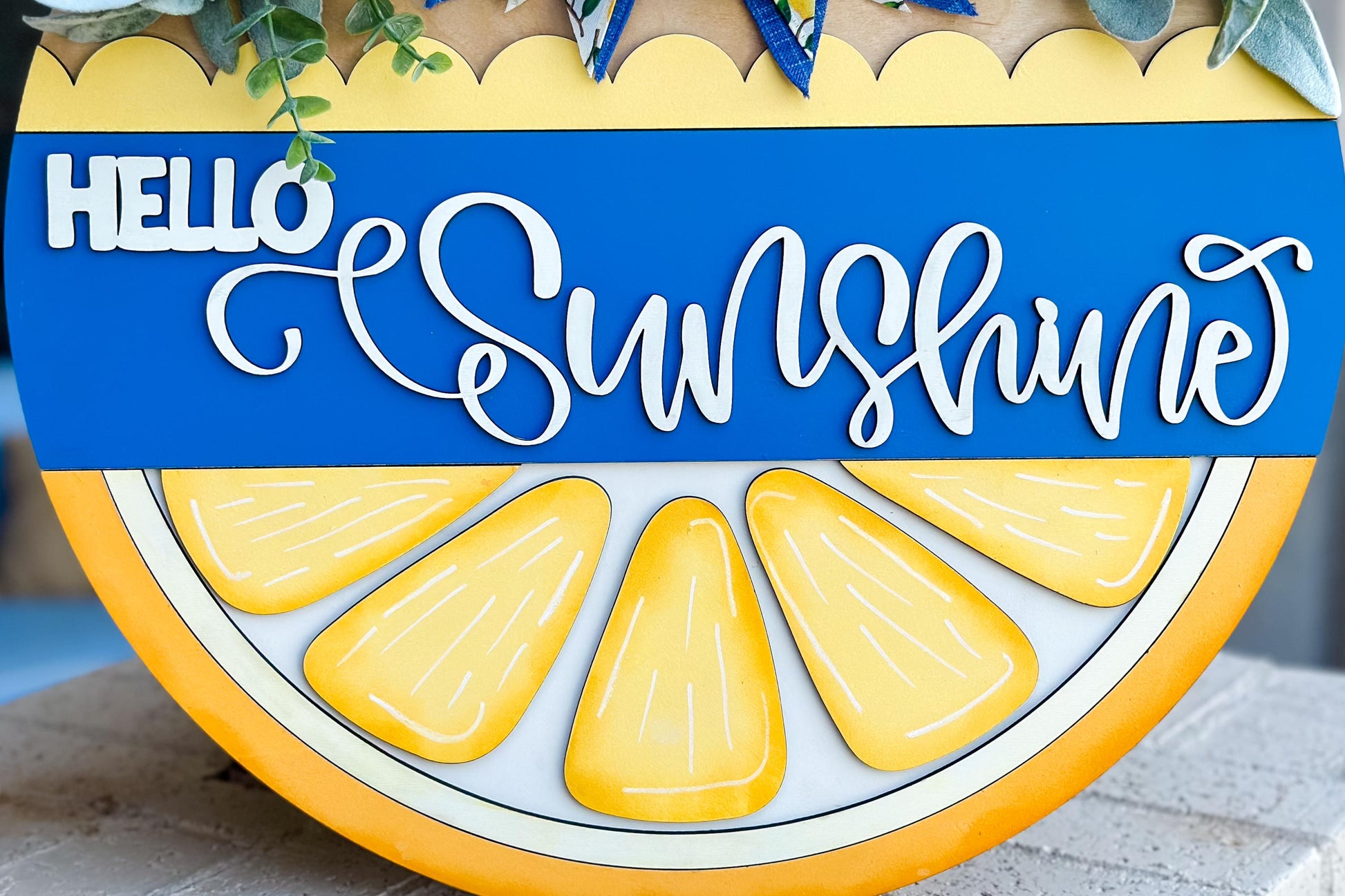 Hello Sunshine SVG Laser File | Lemon Slice Round Door Hanger SVG for Summer Decor | Bright Citrus Layered Laser Cut Sign Lemon Door Decor