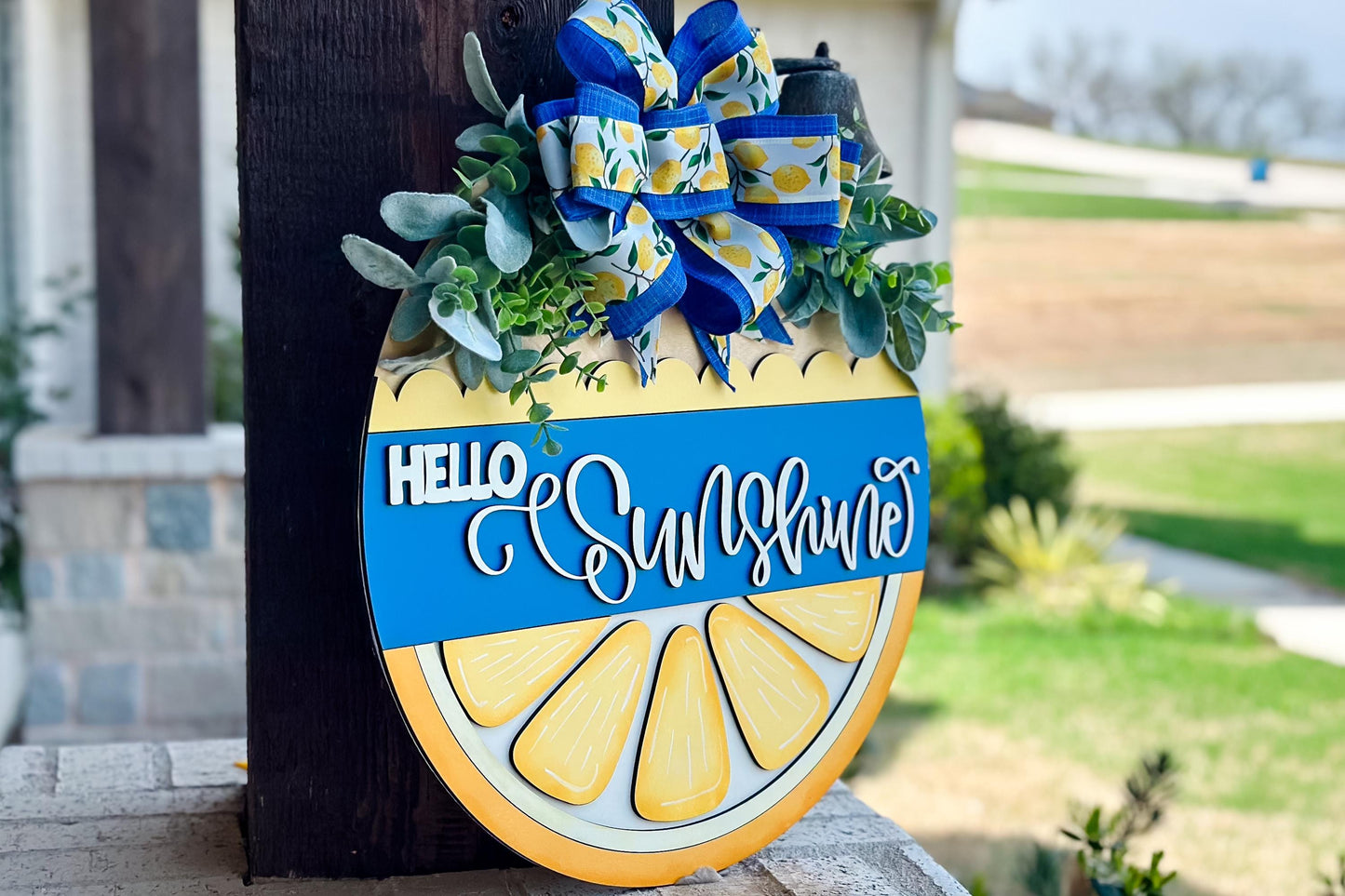 Hello Sunshine SVG Laser File | Lemon Slice Round Door Hanger SVG for Summer Decor | Bright Citrus Layered Laser Cut Sign Lemon Door Decor