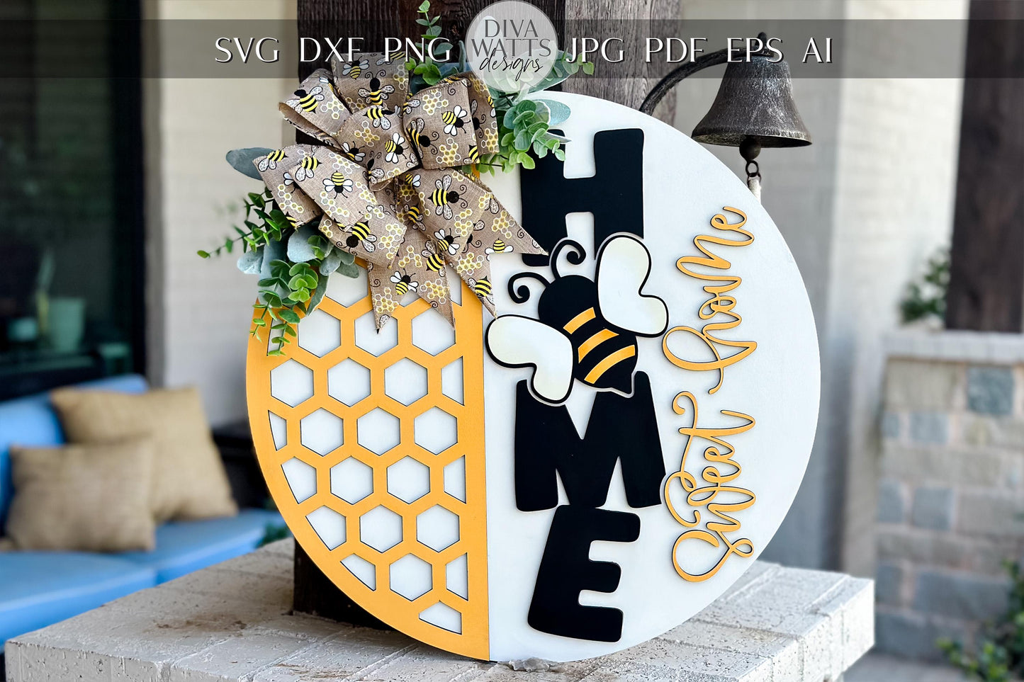 Bee Home Sweet Home SVG Laser File | Honeycomb Round Door Hanger SVG for Laser Cutting | Bumblebee Farmhouse Sign Summer Decor