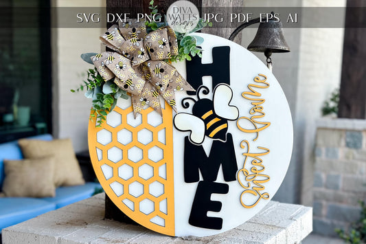 Bee Home Sweet Home SVG Laser File | Honeycomb Round Door Hanger SVG for Laser Cutting | Bumblebee Farmhouse Sign Summer Decor