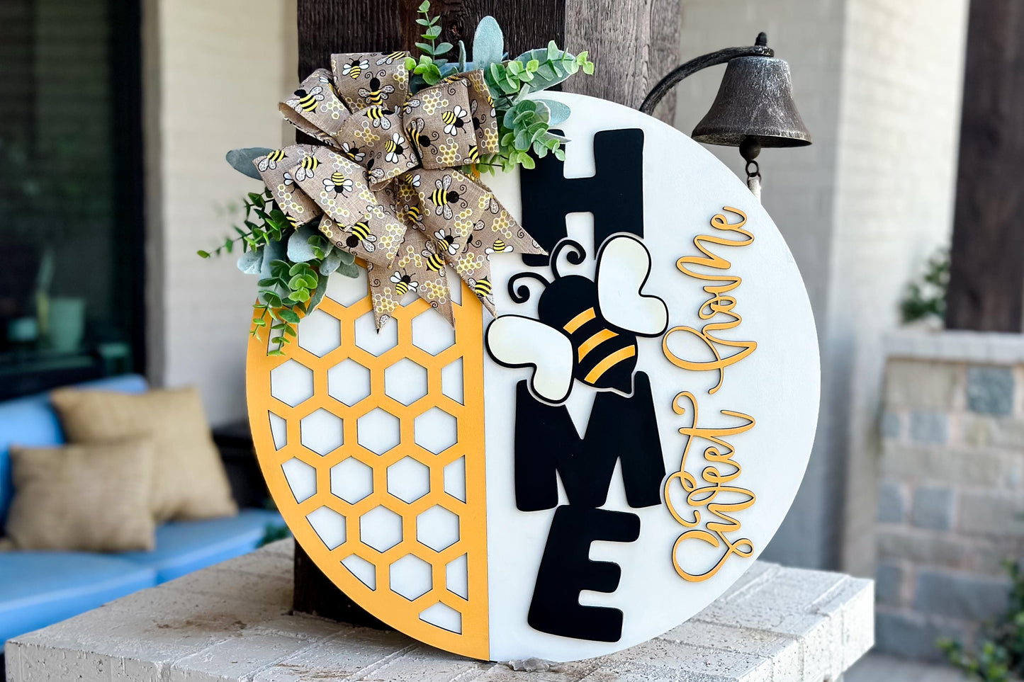 Bee Home Sweet Home SVG Laser File | Honeycomb Round Door Hanger SVG for Laser Cutting | Bumblebee Farmhouse Sign Summer Decor