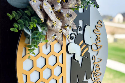 Bee Home Sweet Home SVG Laser File | Honeycomb Round Door Hanger SVG for Laser Cutting | Bumblebee Farmhouse Sign Summer Decor