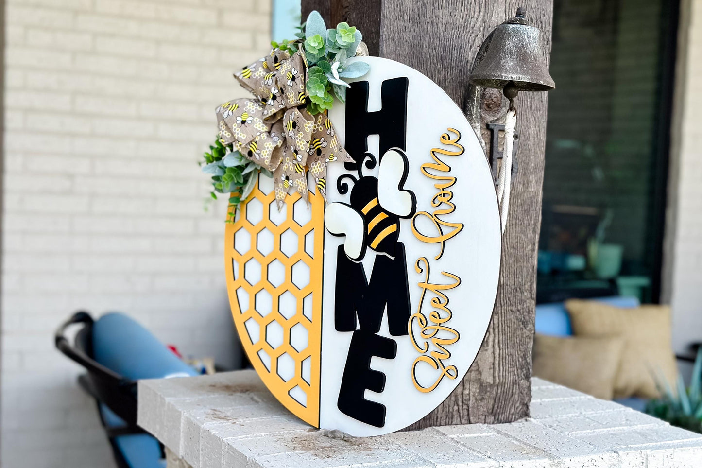Bee Home Sweet Home SVG Laser File | Honeycomb Round Door Hanger SVG for Laser Cutting | Bumblebee Farmhouse Sign Summer Decor