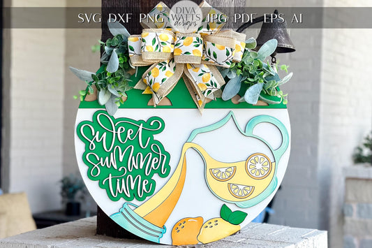 Sweet Summertime SVG Laser File | Lemonade Pitcher Round Door Hanger SVG for Summer Decor | Layered Laser Cut File for Xtool & Glowforge