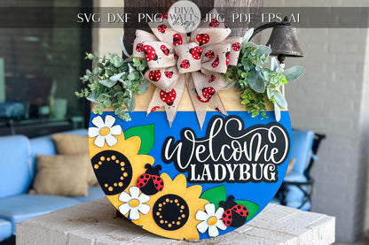 Welcome Ladybug SVG Laser File | Sunflower & Daisy Round Door Hanger SVG for Summer Laser Projects | Cute Bug Porch Sign