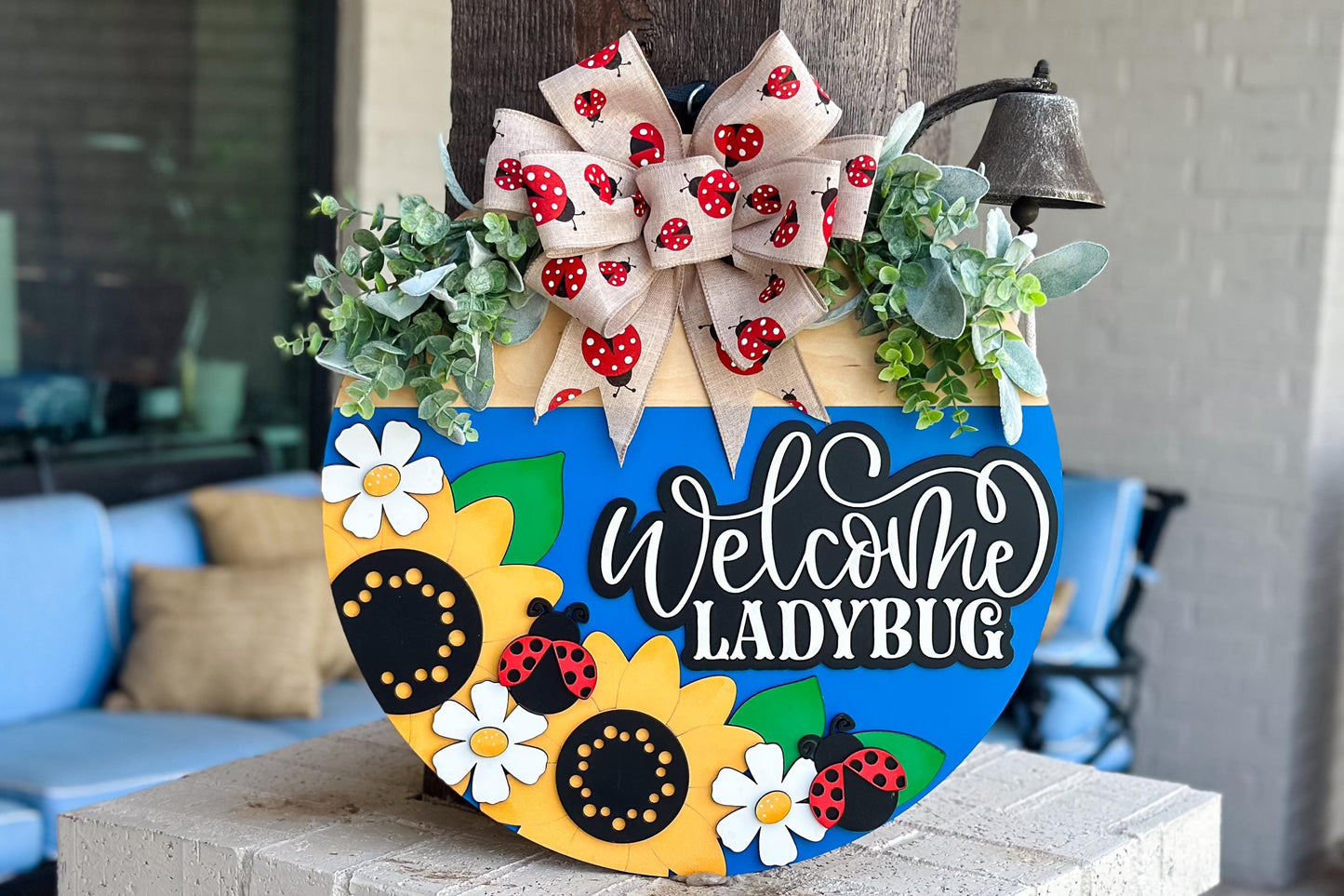 Welcome Ladybug SVG Laser File | Sunflower & Daisy Round Door Hanger SVG for Summer Laser Projects | Cute Bug Porch Sign