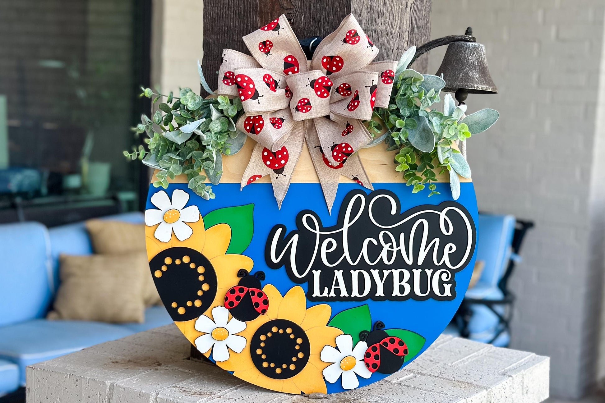 Welcome Ladybug SVG Laser File | Sunflower & Daisy Round Door Hanger SVG for Summer Laser Projects | Cute Bug Porch Sign