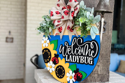 Welcome Ladybug SVG Laser File | Sunflower & Daisy Round Door Hanger SVG for Summer Laser Projects | Cute Bug Porch Sign