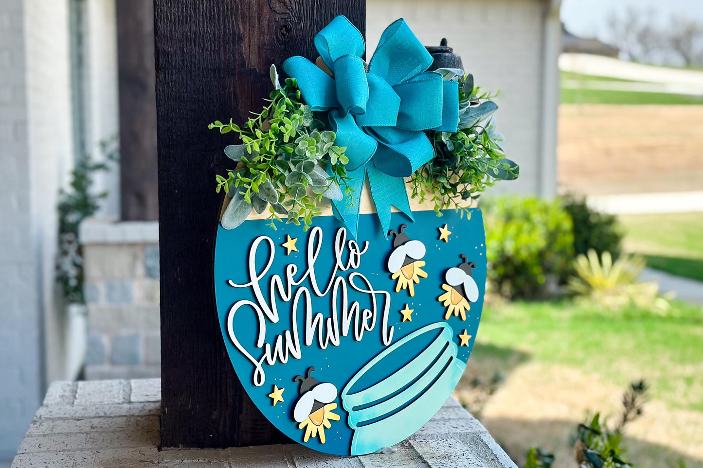 Hello Summer SVG Laser File | Fireflies in Jar Round Door Hanger SVG for Laser Cutting | Layered Summer Porch Sign File for Xtool Glowforge