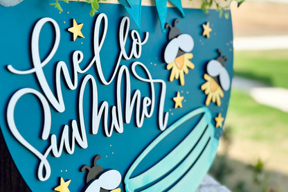 Hello Summer SVG Laser File | Fireflies in Jar Round Door Hanger SVG for Laser Cutting | Layered Summer Porch Sign File for Xtool Glowforge