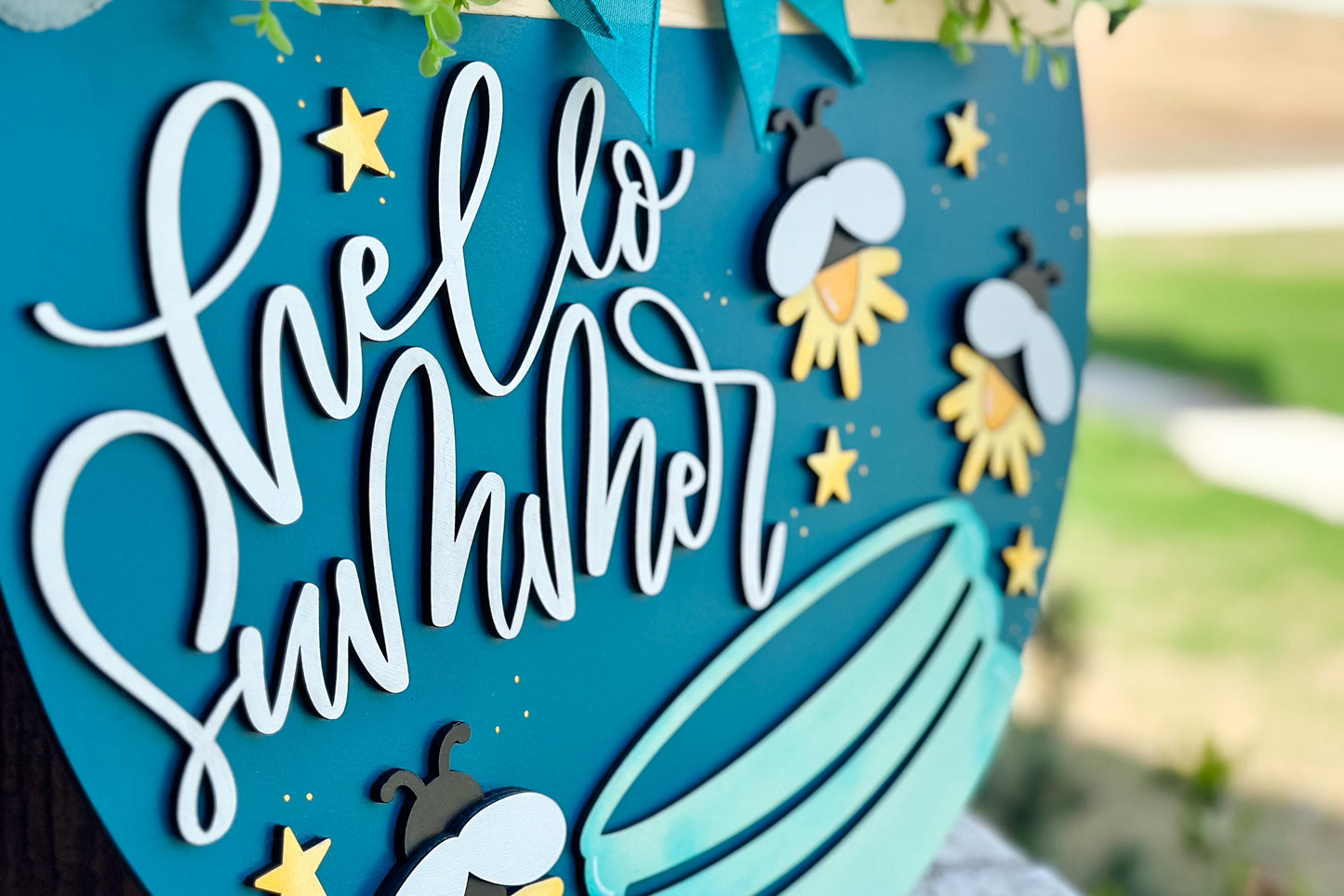 Hello Summer SVG Laser File | Fireflies in Jar Round Door Hanger SVG for Laser Cutting | Layered Summer Porch Sign File for Xtool Glowforge