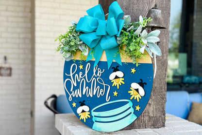 Hello Summer SVG Laser File | Fireflies in Jar Round Door Hanger SVG for Laser Cutting | Layered Summer Porch Sign File for Xtool Glowforge