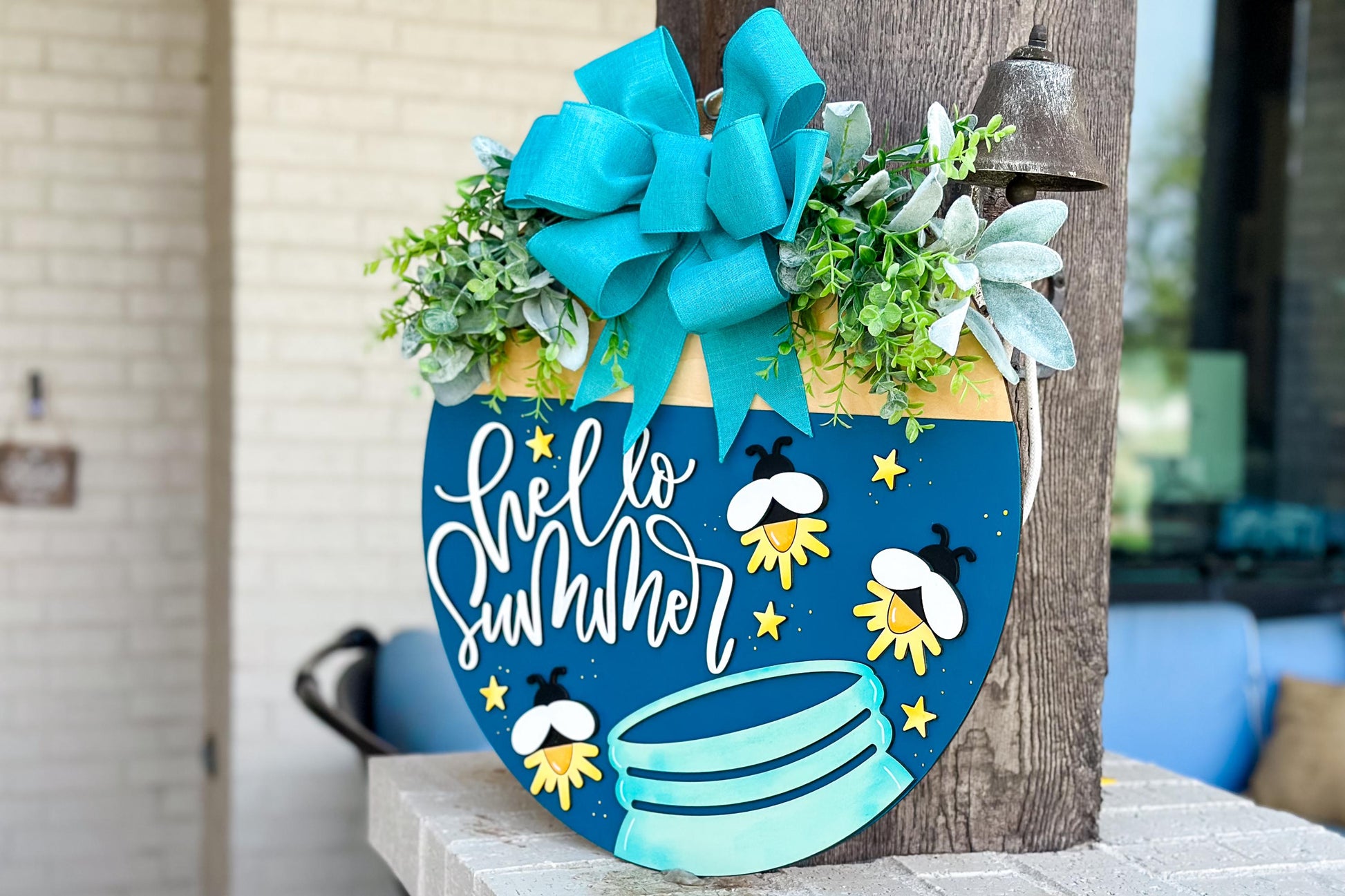 Hello Summer SVG Laser File | Fireflies in Jar Round Door Hanger SVG for Laser Cutting | Layered Summer Porch Sign File for Xtool Glowforge