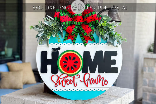 Watermelon Home Sweet Home SVG Laser File | Summer Round Door Hanger SVG with Ant for Laser Cutting | Farmhouse Porch Sign SVG