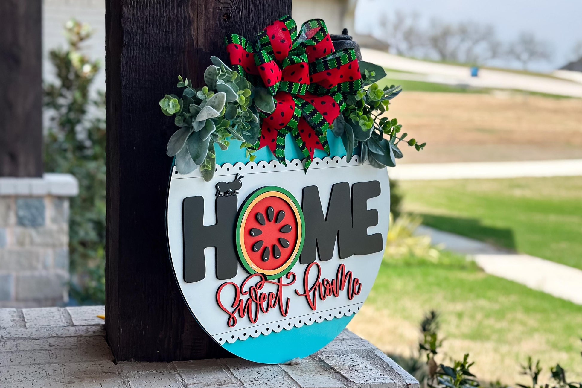 Watermelon Home Sweet Home SVG Laser File | Summer Round Door Hanger SVG with Ant for Laser Cutting | Farmhouse Porch Sign SVG