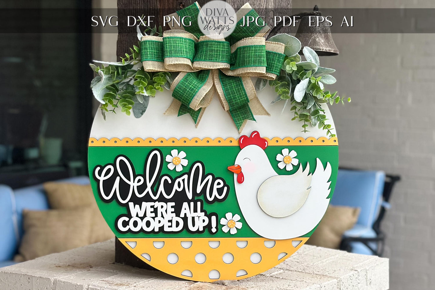 Welcome We're All Cooped Up SVG | Funny Chicken Door Hanger Laser Cut File | Farmhouse Layered Round Sign for Glowforge & Xtool