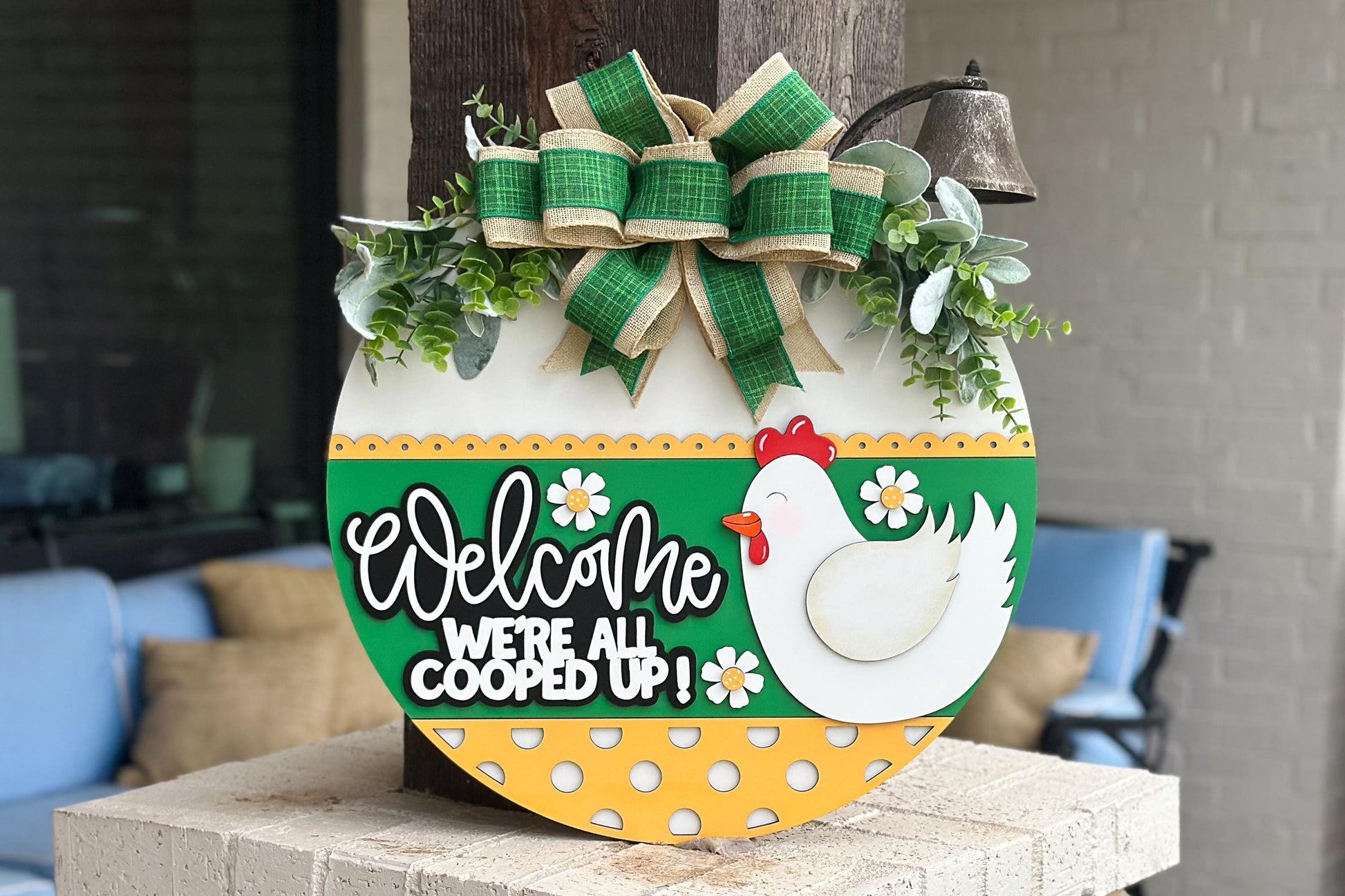 Welcome We're All Cooped Up SVG | Funny Chicken Door Hanger Laser Cut File | Farmhouse Layered Round Sign for Glowforge & Xtool