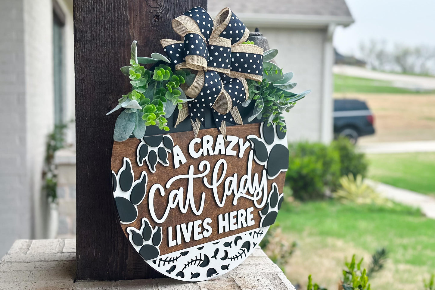 Crazy Cat Lady Lives Here SVG | Funny Pet Door Hanger Laser File | Cat Paw Round Sign for Glowforge & Xtool Funny Cat Door Hanger for Laser