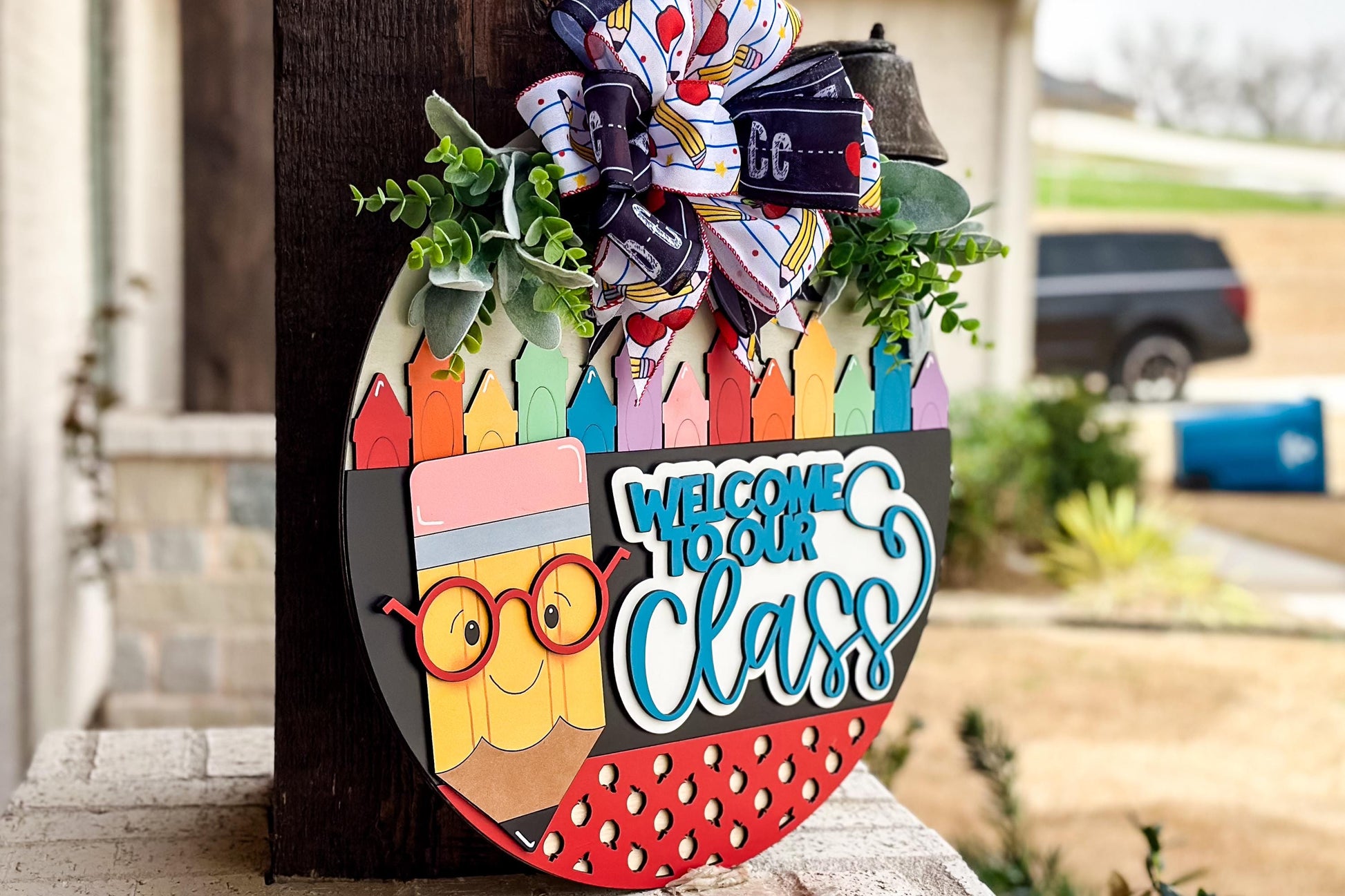 Teacher Door Hanger SVG, Welcome to Our Class Sign Laser Cut File, Back to School Classroom Decor, Pencil Round Sign, Glowforge xTool File
