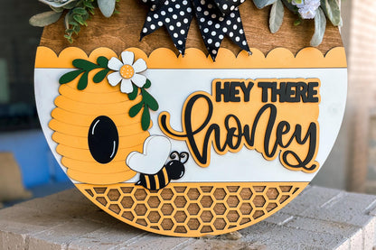 Hey There Honey SVG, Bee Door Hanger Laser Cut File, Beehive Round Sign, Farmhouse Porch Decor, Honeycomb Layered Sign, Glowforge xTool File