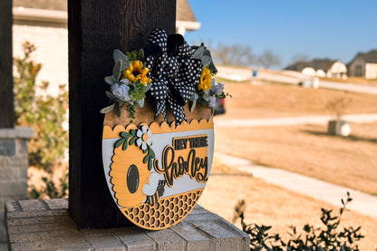 Hey There Honey SVG, Bee Door Hanger Laser Cut File, Beehive Round Sign, Farmhouse Porch Decor, Honeycomb Layered Sign, Glowforge xTool File