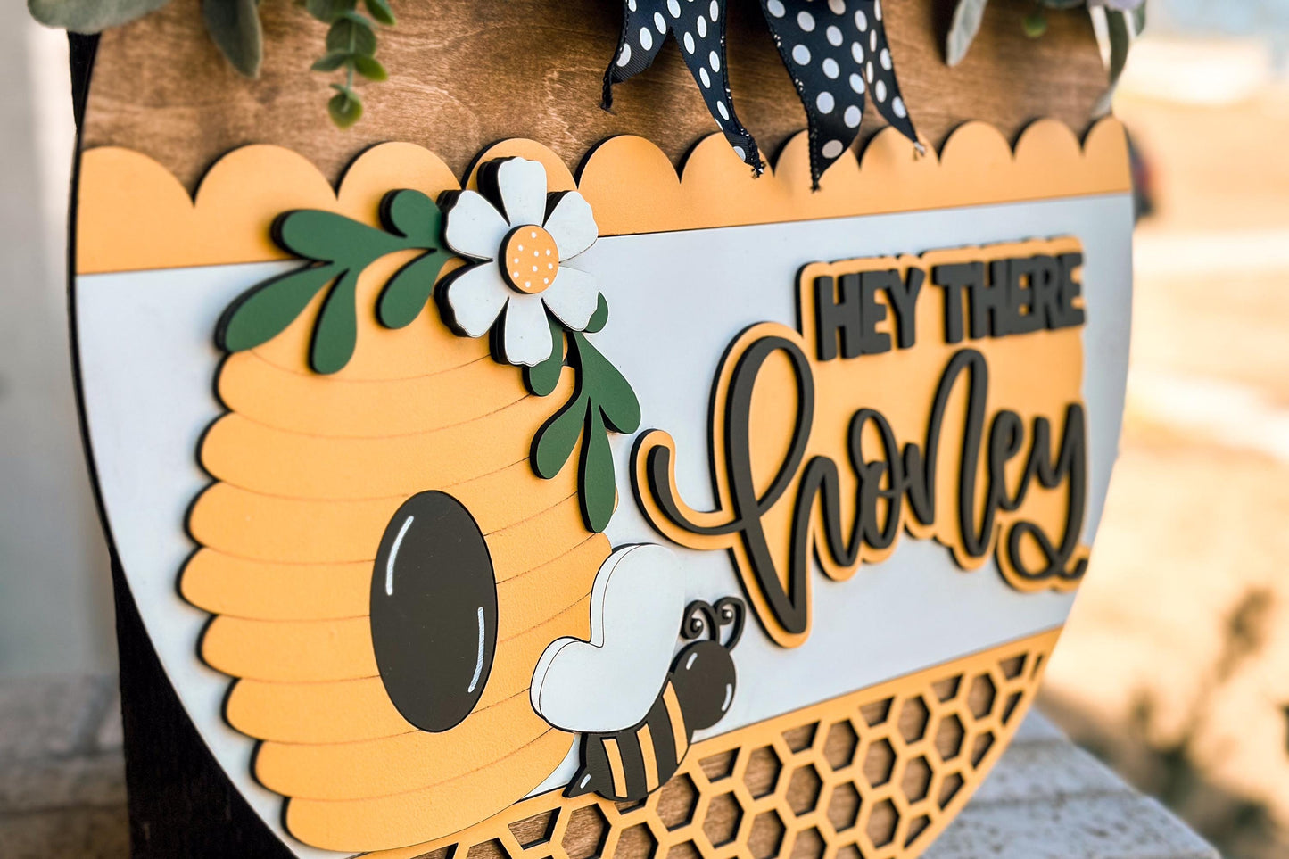 Hey There Honey SVG, Bee Door Hanger Laser Cut File, Beehive Round Sign, Farmhouse Porch Decor, Honeycomb Layered Sign, Glowforge xTool File