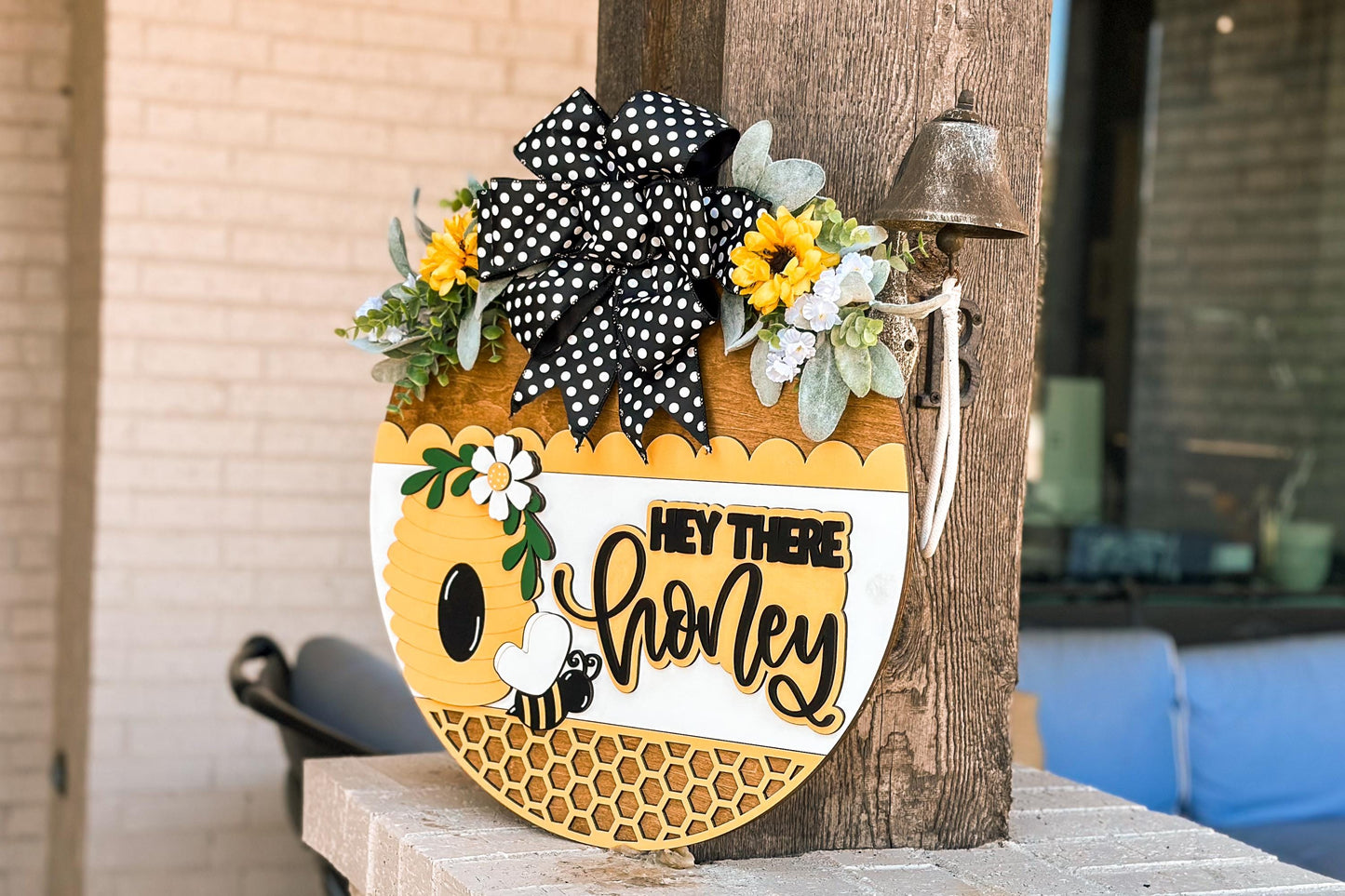 Hey There Honey SVG, Bee Door Hanger Laser Cut File, Beehive Round Sign, Farmhouse Porch Decor, Honeycomb Layered Sign, Glowforge xTool File
