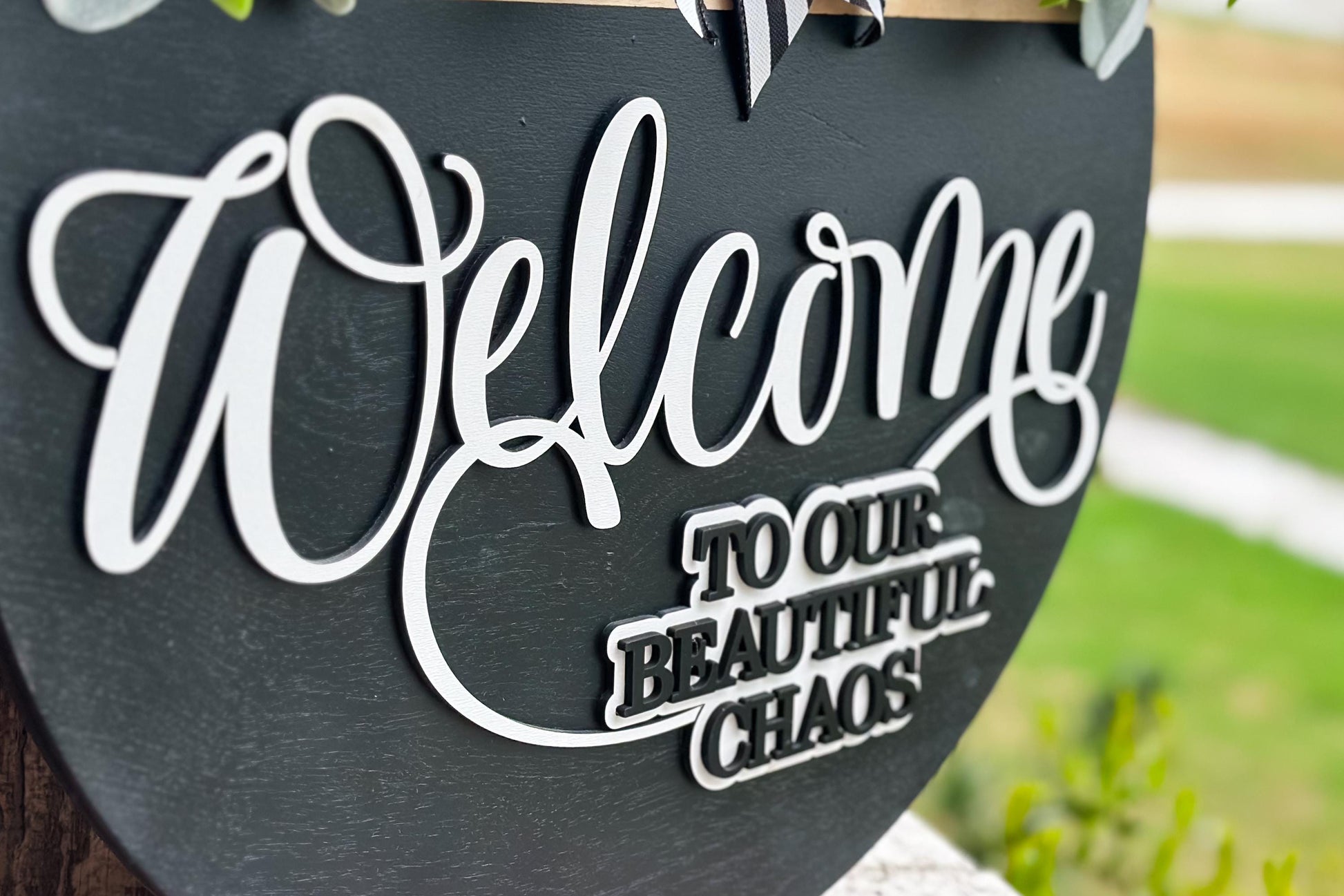 Welcome to Our Beautiful Chaos SVG | Layered Laser Cut File for Round Door Hanger | 3D Welcome Sign SVG for Glowforge & Xtool