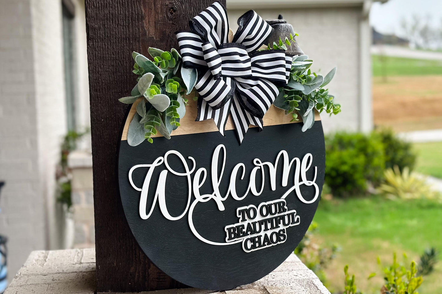 Welcome to Our Beautiful Chaos SVG | Layered Laser Cut File for Round Door Hanger | 3D Welcome Sign SVG for Glowforge & Xtool