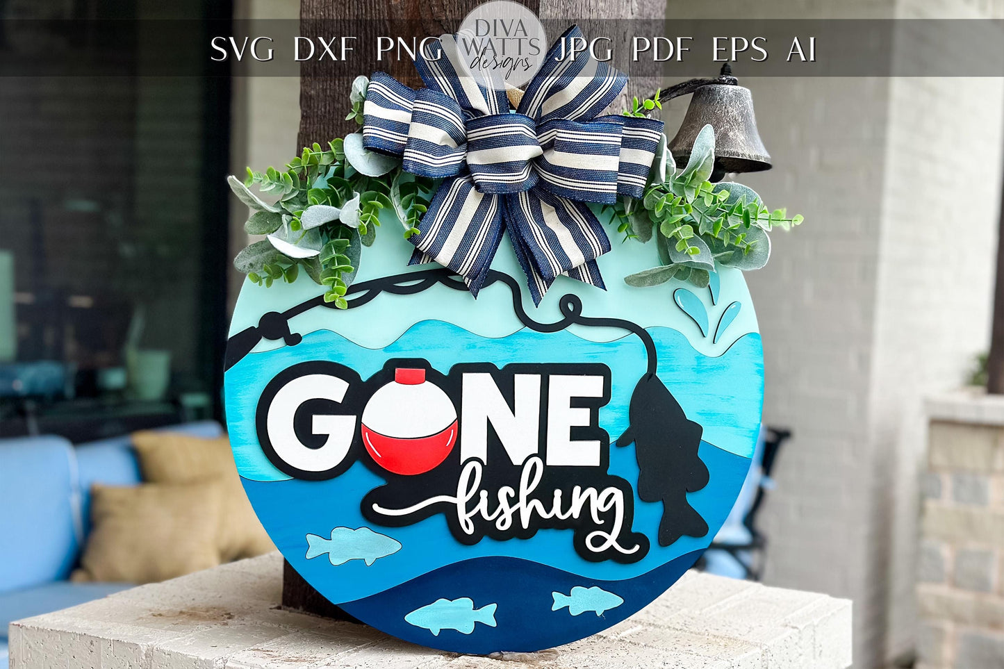 Gone Fishing SVG | Layered Laser Cut File for Round Door Hanger | Fishing Door Sign SVG for Xtool & Glowforge Projects Fishing Decor