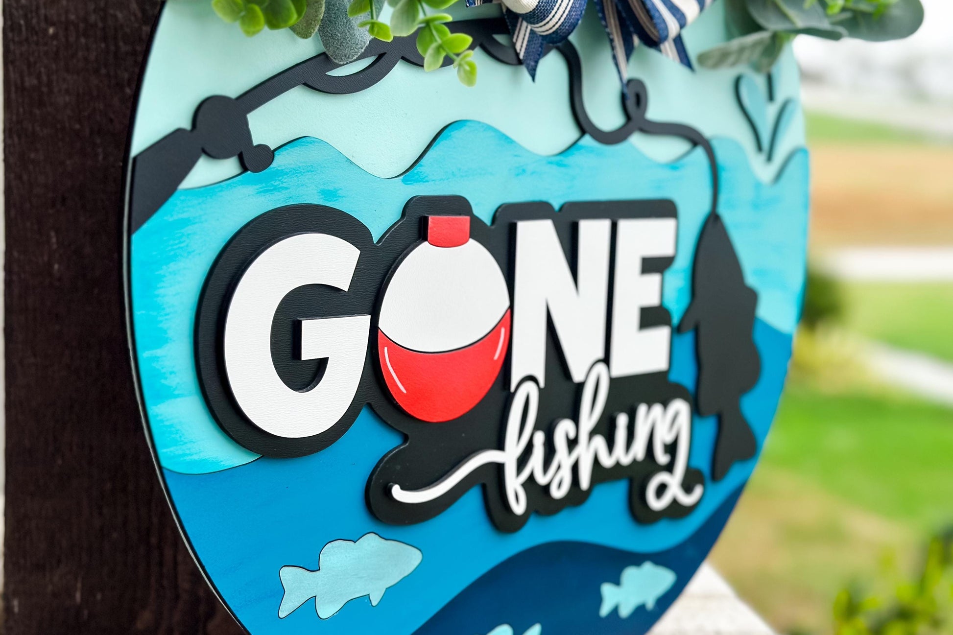 Gone Fishing SVG | Layered Laser Cut File for Round Door Hanger | Fishing Door Sign SVG for Xtool & Glowforge Projects Fishing Decor