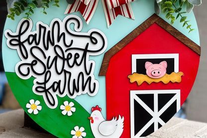 Farm Sweet Farm SVG | Layered Laser Cut File for Round Door Hanger | Barn Door Sign SVG for Glowforge & Xtool Cute Barn SVG For Laser